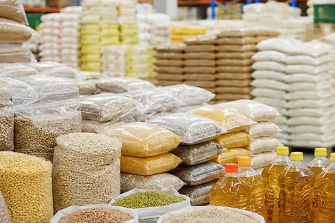 Bulk grains, rice, pulses and edible oils arranged in a wholesale warehouse