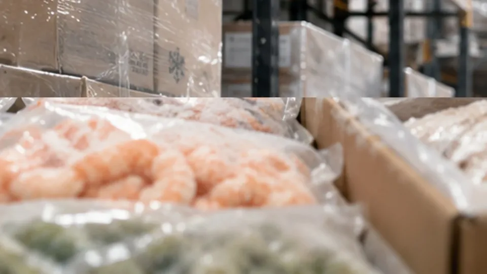 Frozen vegetables and seafood products inside a refrigerated cold-chain warehouse