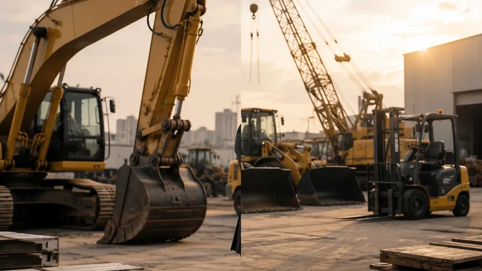 Excavators, loaders, cranes and forklifts arranged in a heavy-machinery supply yard