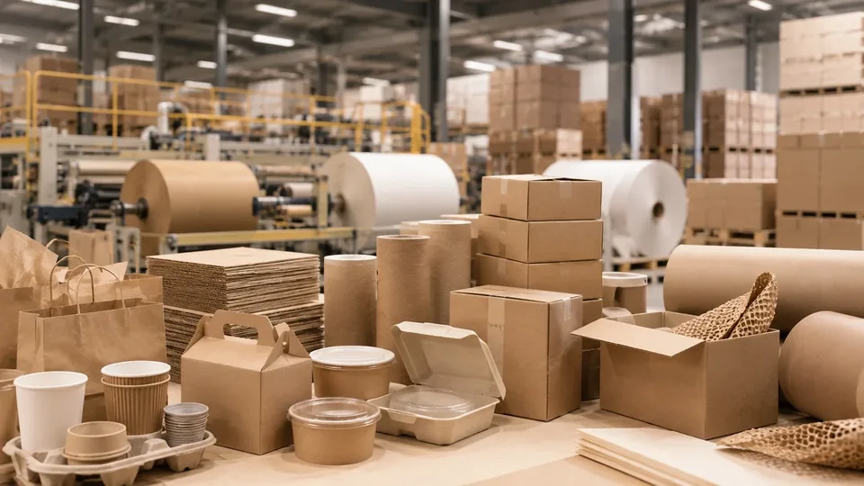 Paper rolls, cartons and food-grade packaging displayed in a manufacturing facility