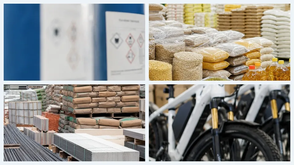 Multi-sector product portfolio showing chemicals, food, construction materials and electric bikes
