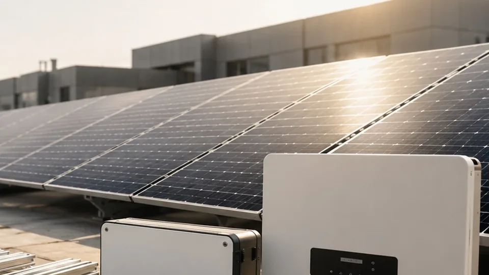 Commercial solar panels, inverters, cables and mounting equipment on an industrial rooftop
